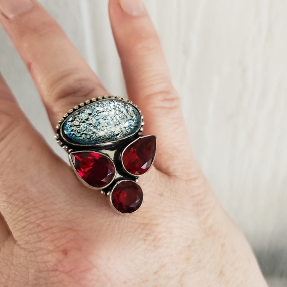 New Garnet & Dichroic Glass 925 Silver Ring. - Picture 1 of 7